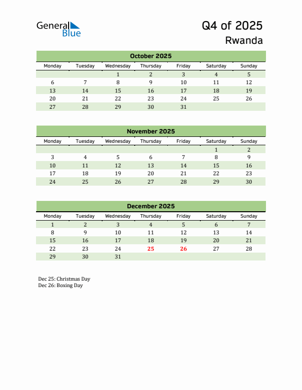 Quarterly Calendar 2025 with Rwanda Holidays