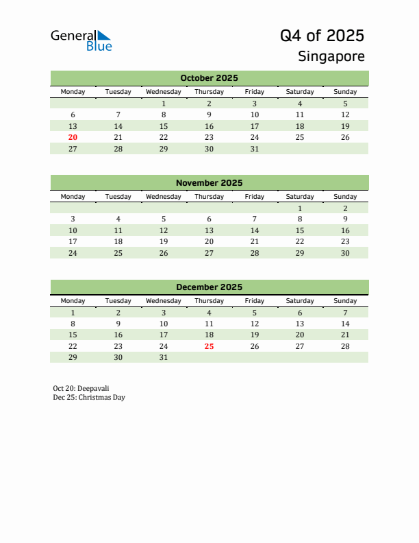 Quarterly Calendar 2025 with Singapore Holidays