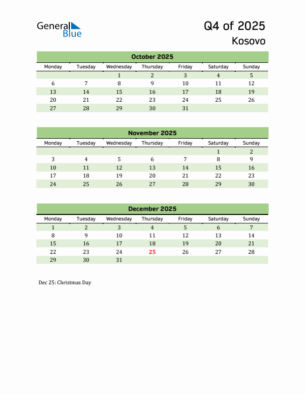 Quarterly Calendar 2025 with Kosovo Holidays