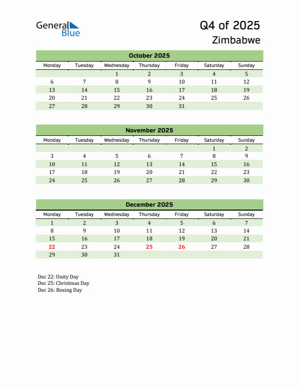 Quarterly Calendar 2025 with Zimbabwe Holidays