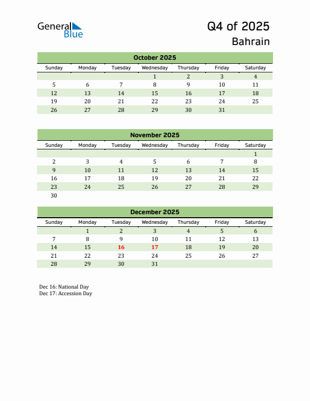 Quarterly Calendar 2025 with Bahrain Holidays