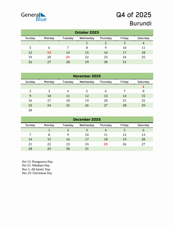 Quarterly Calendar 2025 with Burundi Holidays