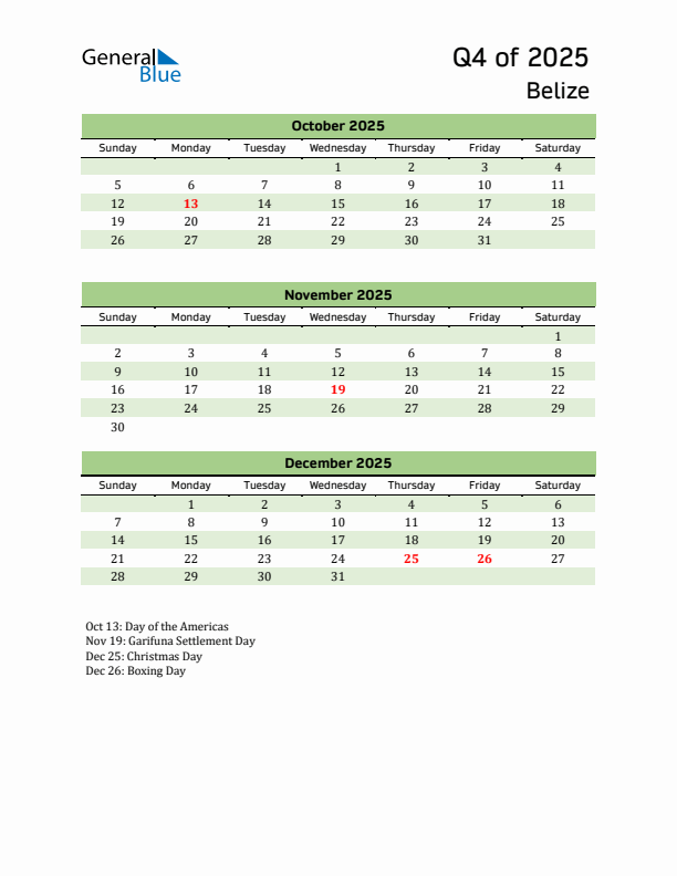 Quarterly Calendar 2025 with Belize Holidays