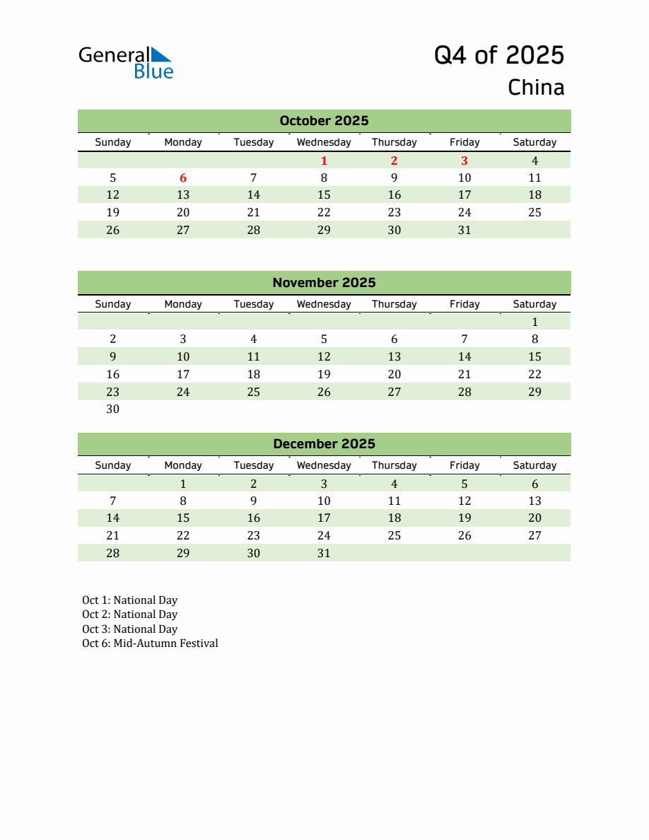 Quarterly Calendar 2025 with China Holidays