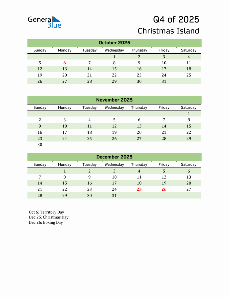 Quarterly Calendar 2025 with Christmas Island Holidays