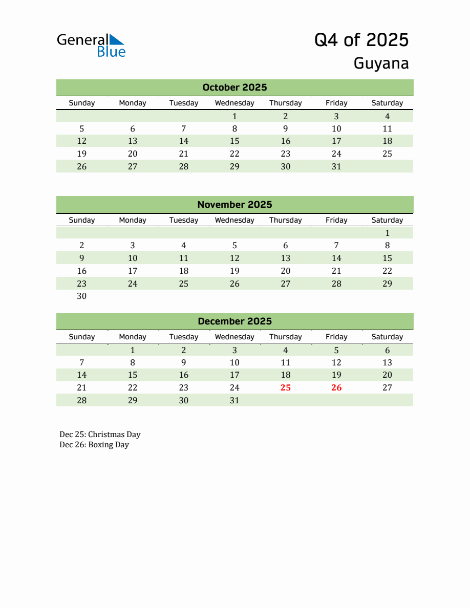 Quarterly Calendar 2025 with Guyana Holidays