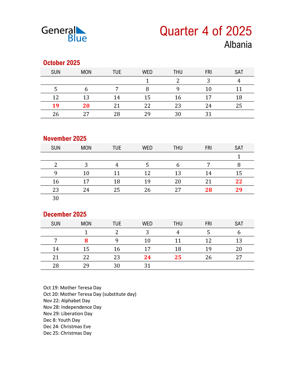  Printable Three Month Calendar for Albania