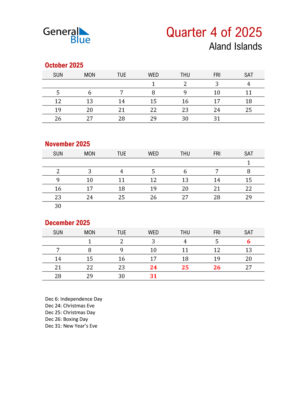  Printable Three Month Calendar for Aland Islands