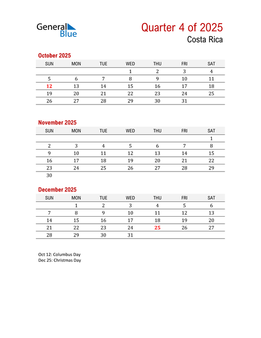  Printable Three Month Calendar for Costa Rica