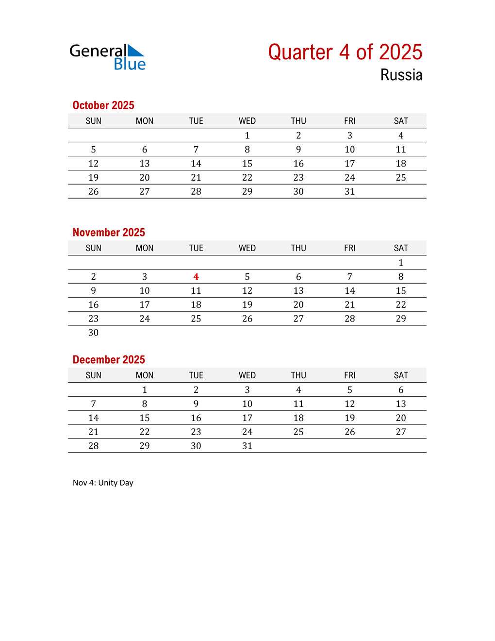  Printable Three Month Calendar for Russia