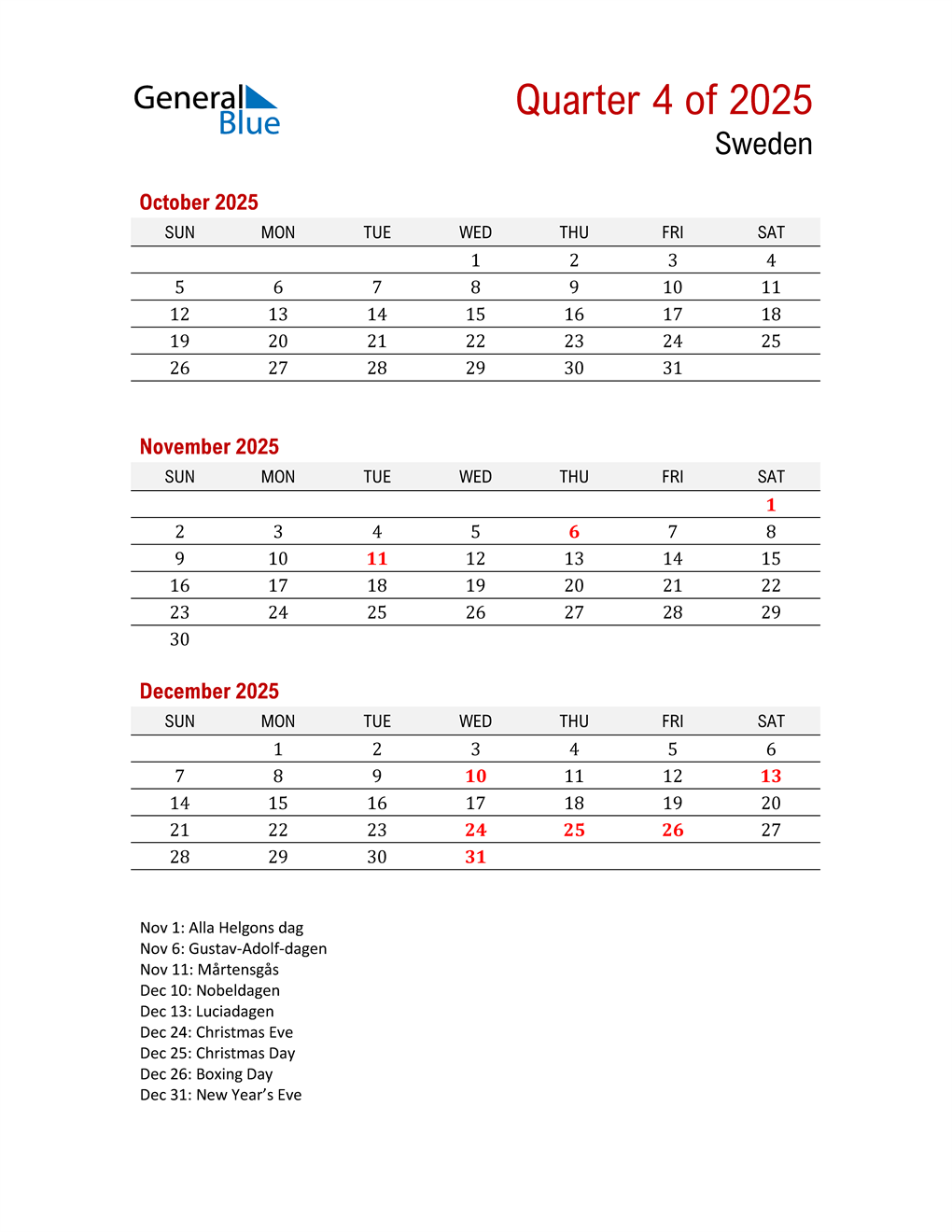  Printable Three Month Calendar for Sweden