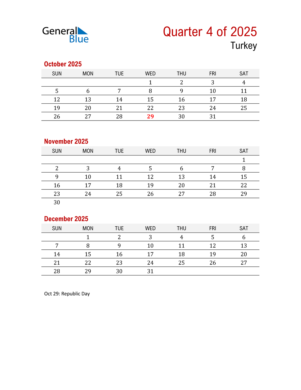  Printable Three Month Calendar for Turkey