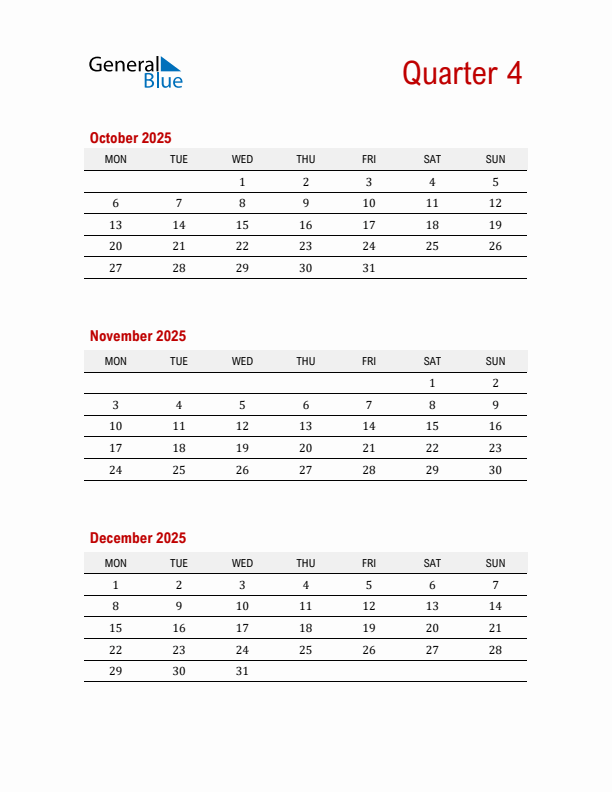 Three-Month Printable Calendar 2025