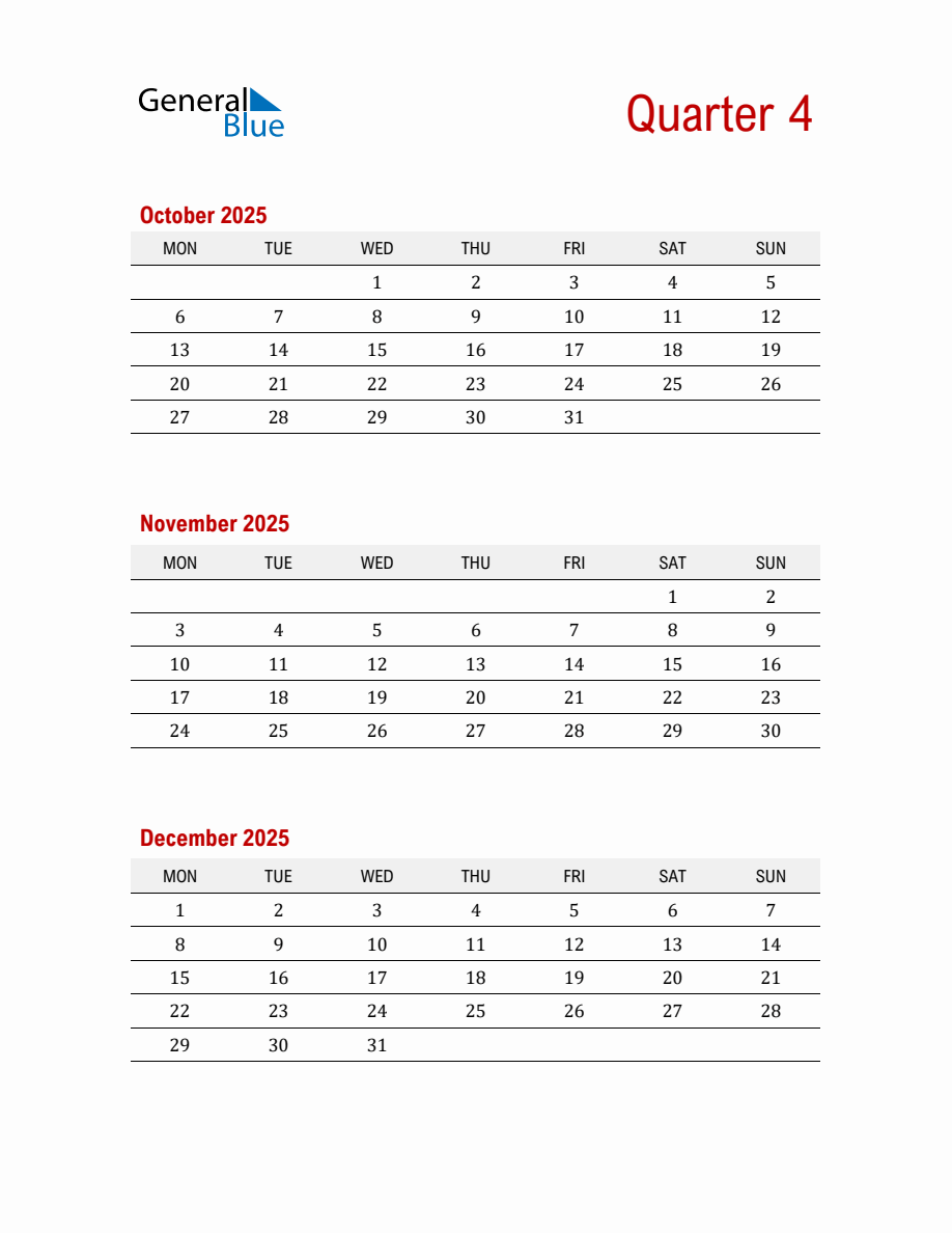 Quarter 4 2025 Calendar Printable (PDF, Word, Excel)