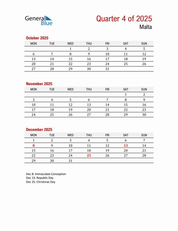 Printable Three Month Calendar with Malta Holidays