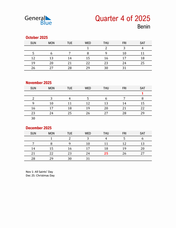Printable Three Month Calendar with Benin Holidays