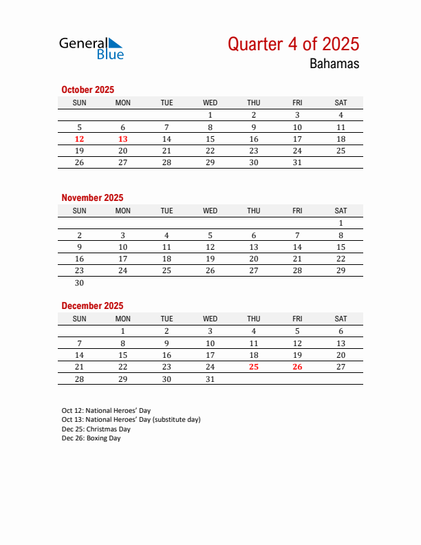 Q4 2025 Quarterly Calendar With Bahamas Holidays