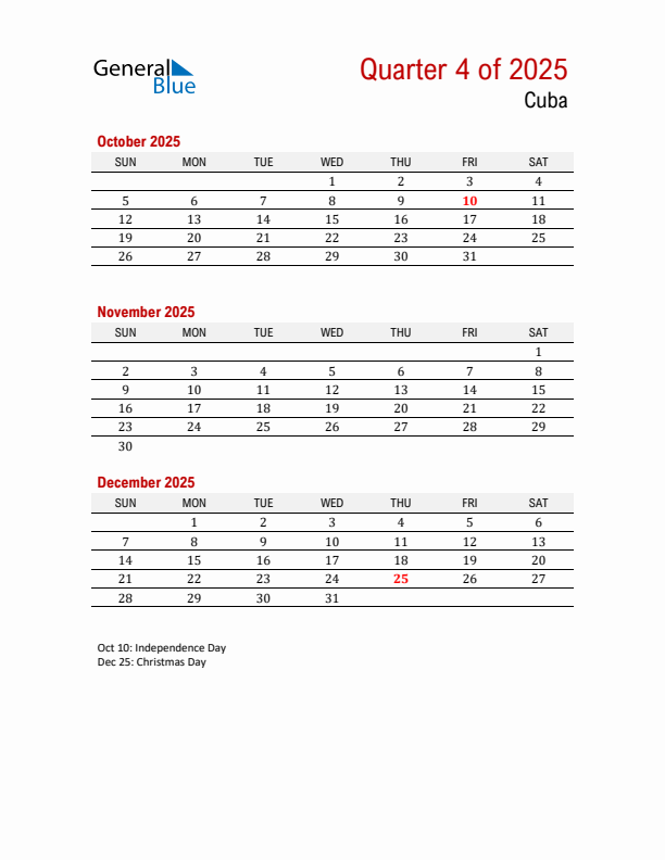 Printable Three Month Calendar with Cuba Holidays