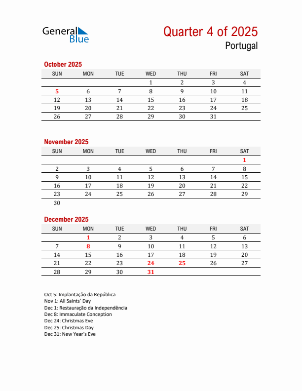 Printable Three Month Calendar with Portugal Holidays