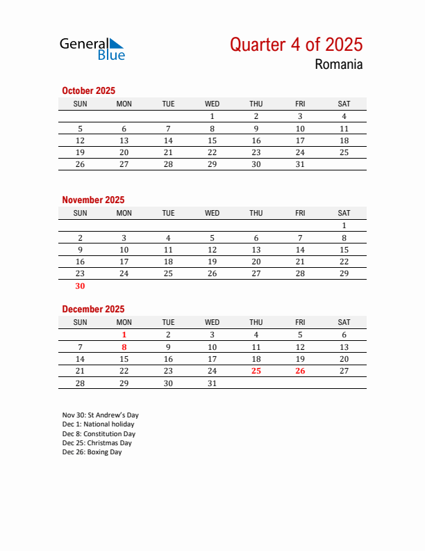 Q4 2025 Quarterly Calendar with Romania Holidays