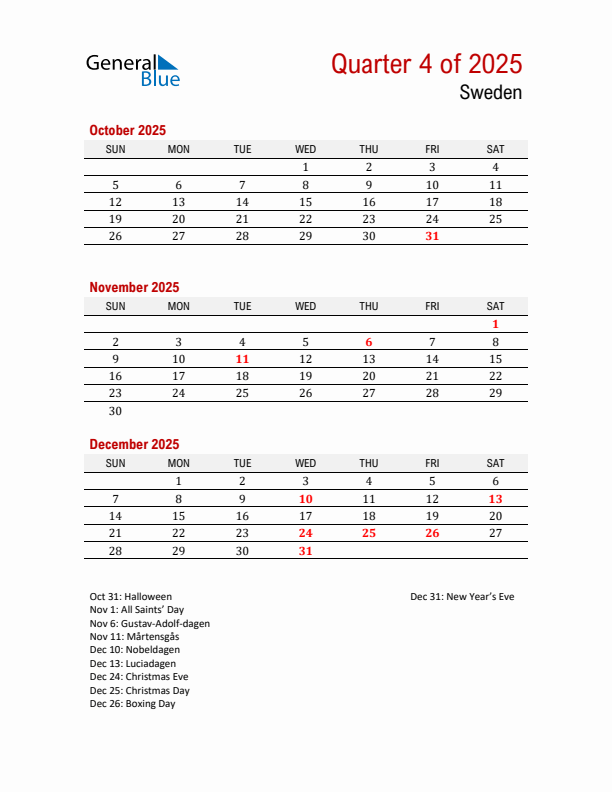 Q4 2025 Quarterly Calendar with Sweden Holidays