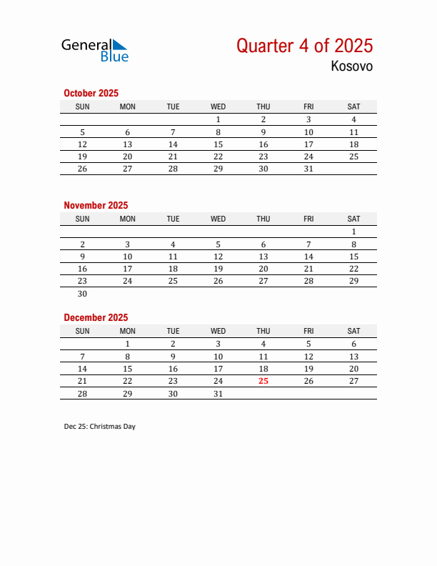 Printable Three Month Calendar with Kosovo Holidays