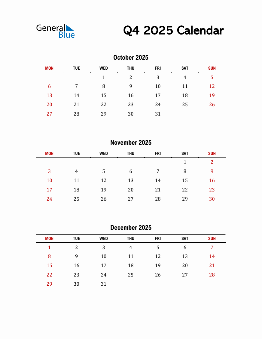 Q4 2025 Calendar Template in PDF, Excel, and WOrd