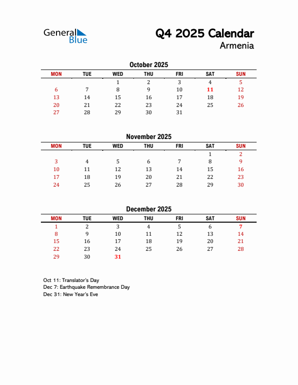 Threemonth calendar for Armenia Q4 of 2025