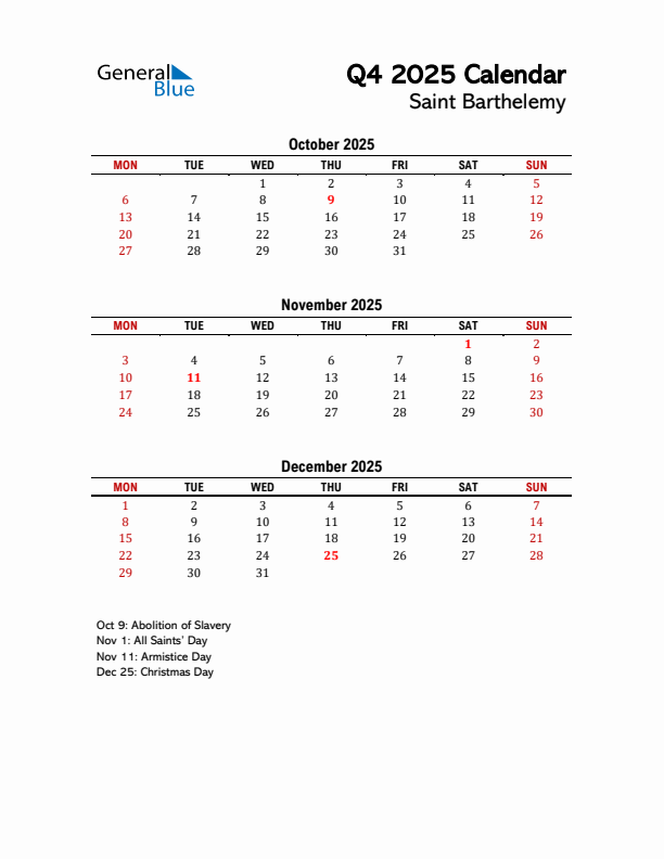 2025 Q4 Calendar with Holidays List for Saint Barthelemy