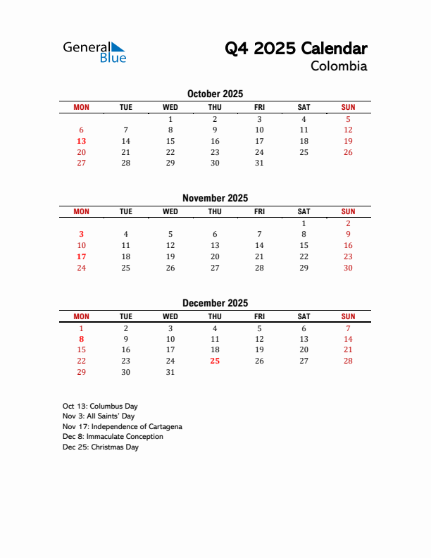 2025 Q4 Calendar with Holidays List for Colombia