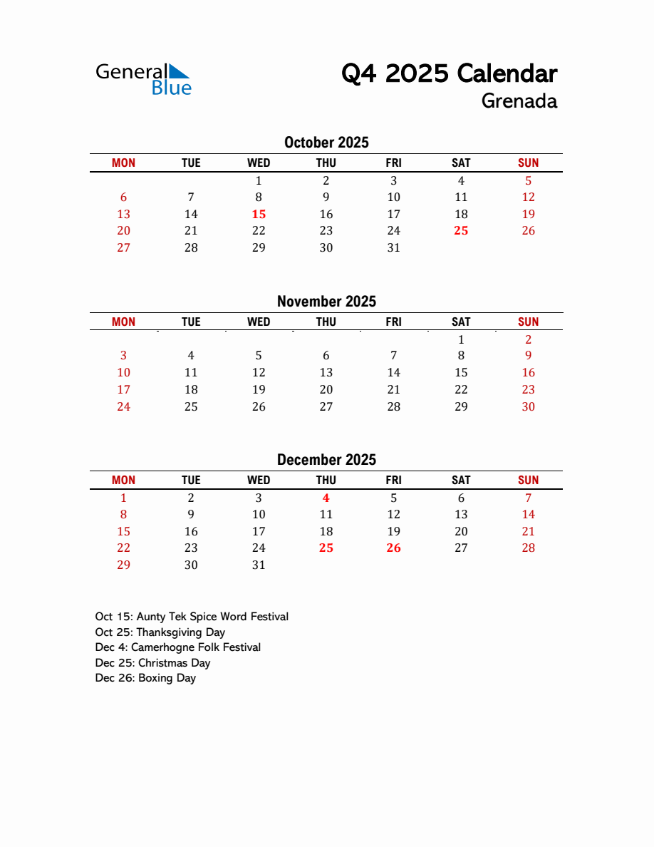 2025 Q4 Calendar with Holidays List for Grenada