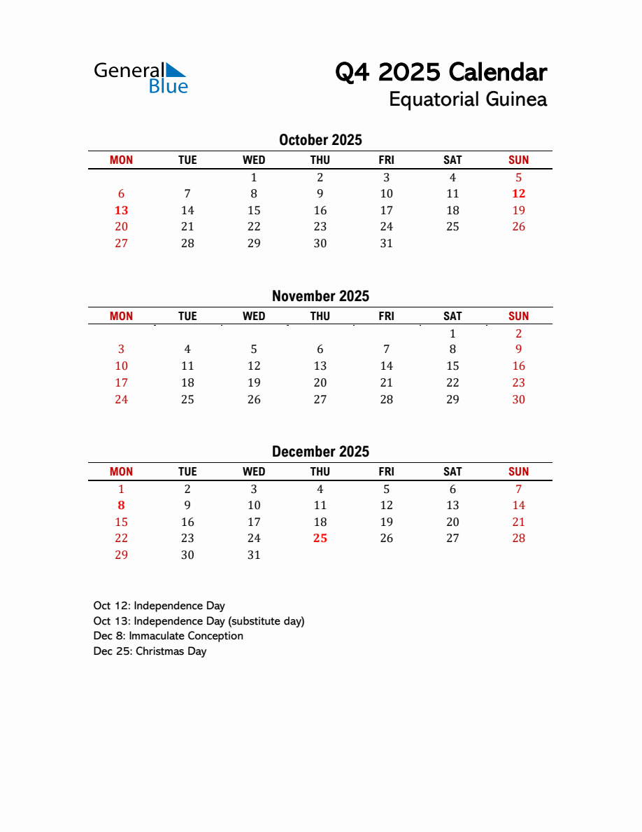 2025 Q4 Calendar with Holidays List for Equatorial Guinea