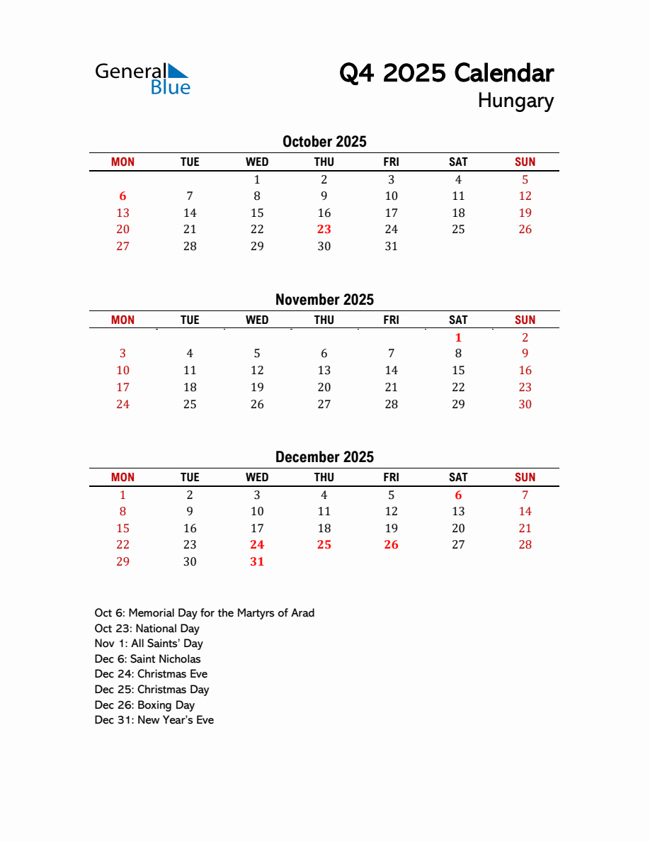 2025 Q4 Calendar with Holidays List for Hungary