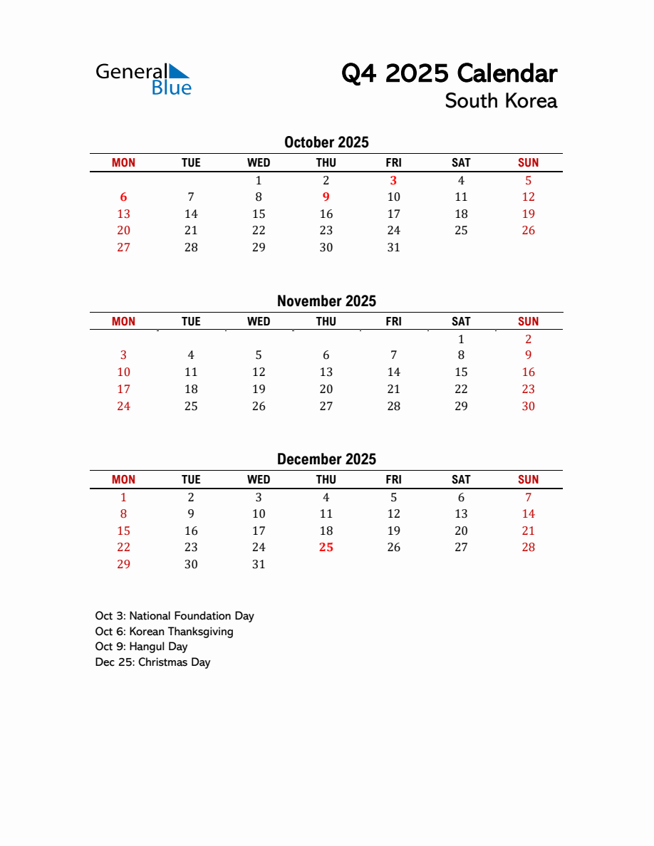 2025 Q4 Calendar with Holidays List for South Korea