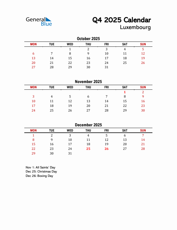 2025 Q4 Calendar with Holidays List for Luxembourg