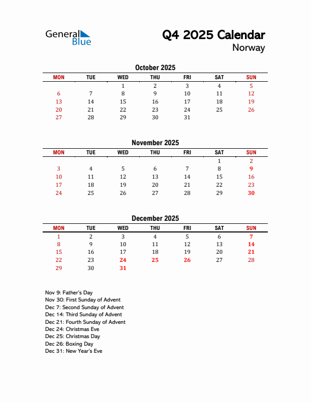 2025 Q4 Calendar with Holidays List for Norway