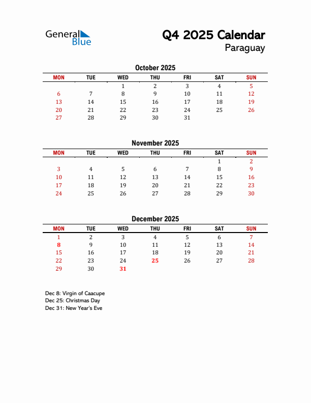 2025 Q4 Calendar with Holidays List for Paraguay