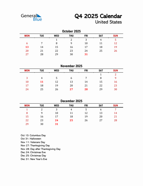 2025 Q4 Calendar with Holidays List for United States