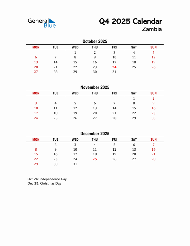 2025 Q4 Calendar with Holidays List for Zambia