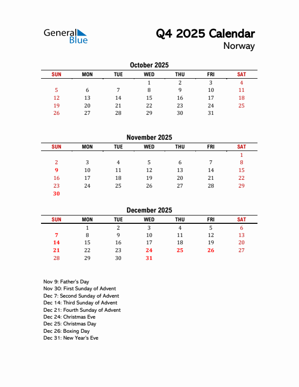 2025 Q4 Calendar with Holidays List for Norway