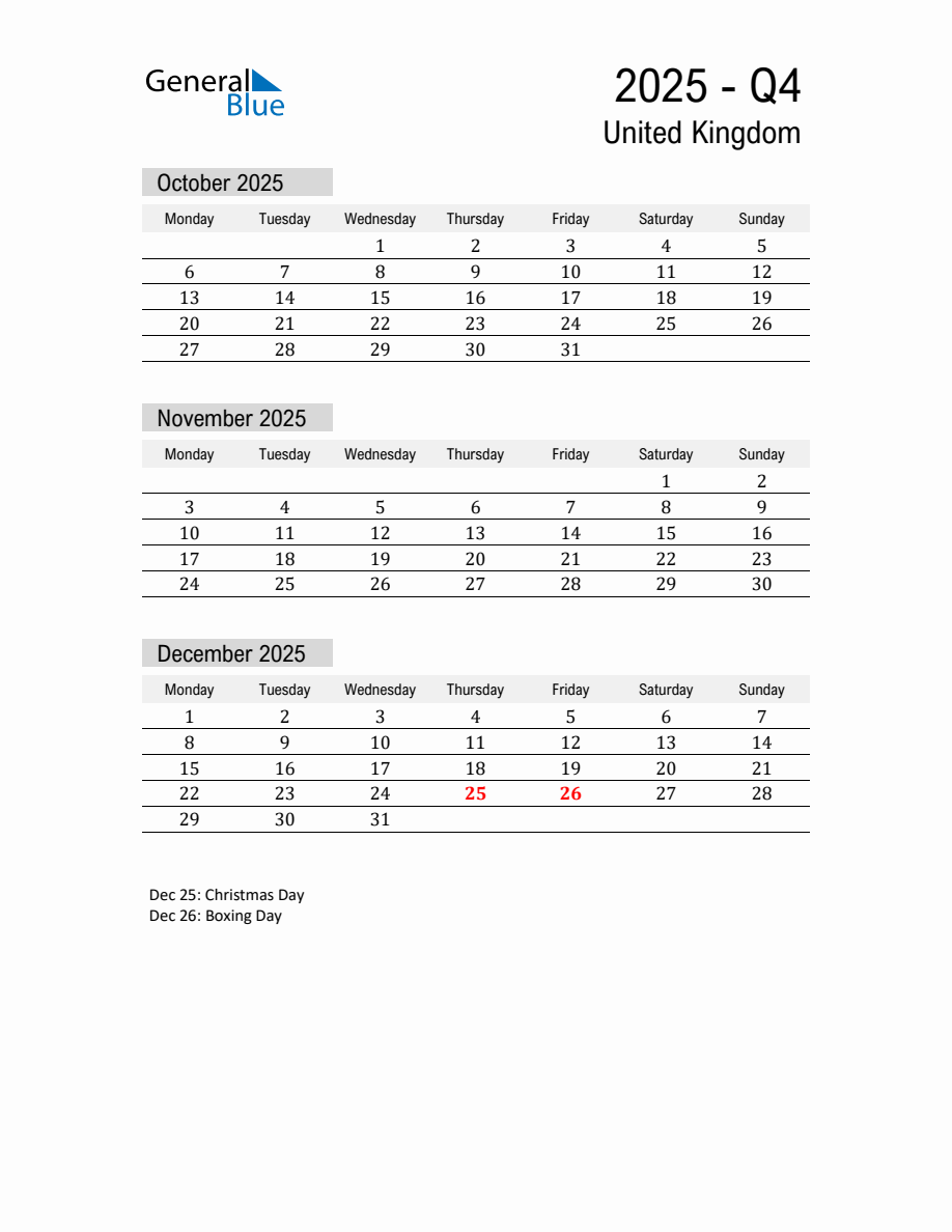 United Kingdom Quarter 4 2025 Calendar with Holidays