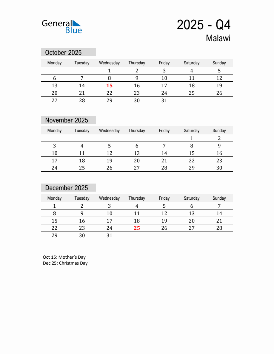 Malawi Quarter 4 2025 Calendar with Holidays