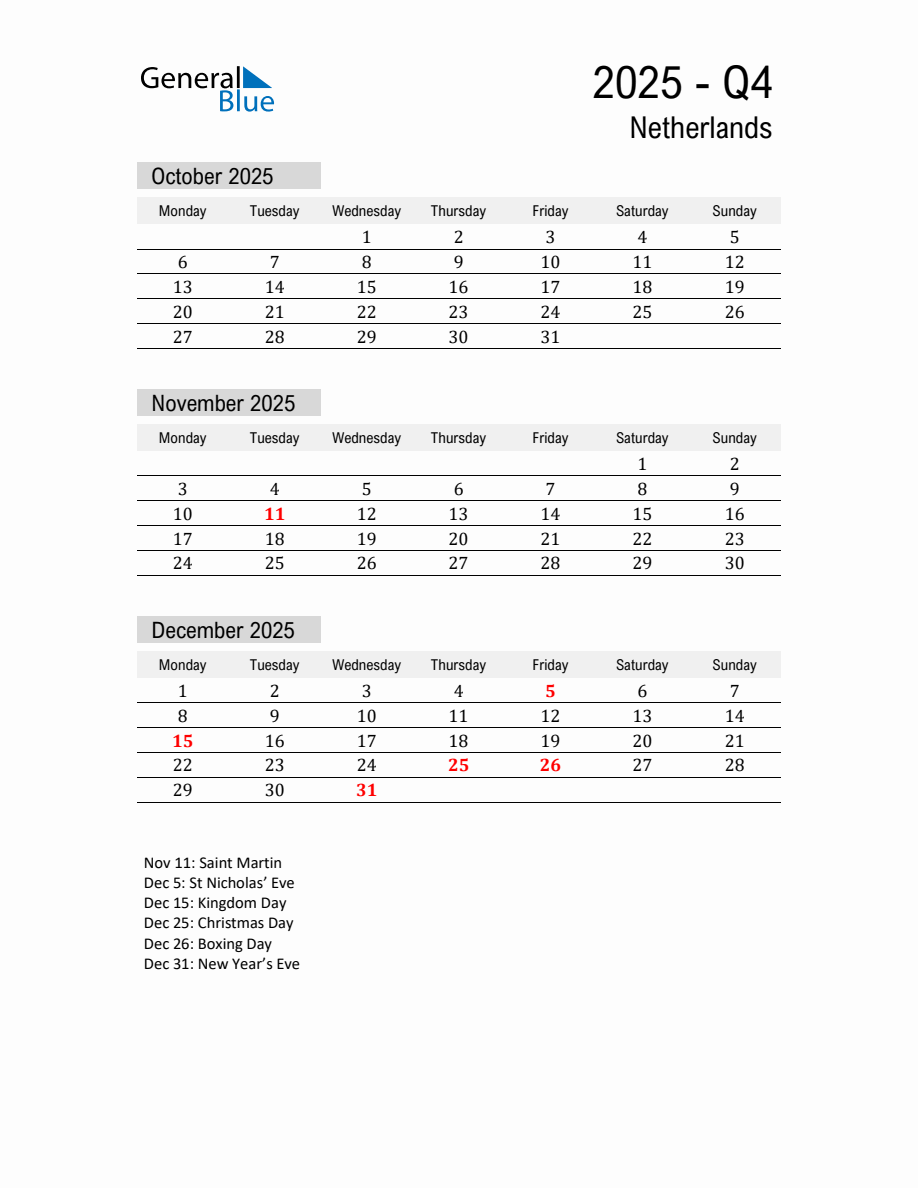 Netherlands Calendar 2025 Holidays 