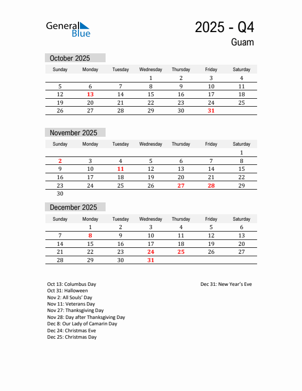 Guam Quarter 4 2025 Calendar with Holidays