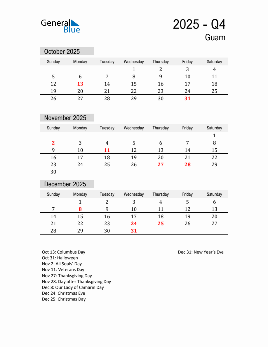 Guam Quarter 4 2025 Calendar with Holidays