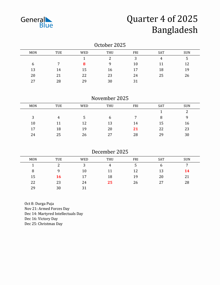 Quarter 4 2025 Bangladesh Quarterly Calendar