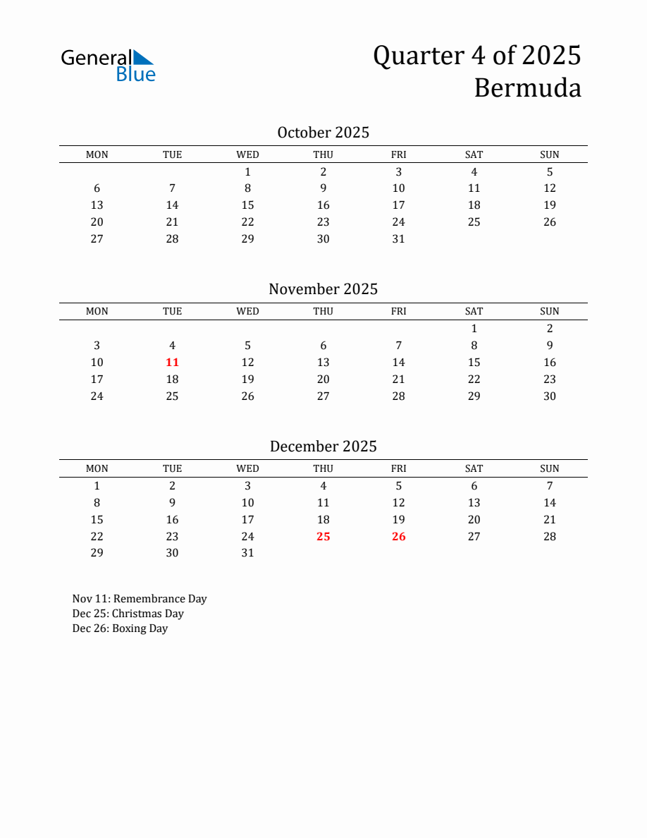 Quarter 4 2025 Bermuda Quarterly Calendar