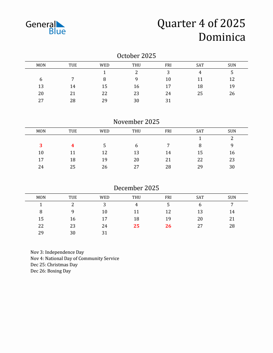 Quarter 4 2025 Dominica Quarterly Calendar