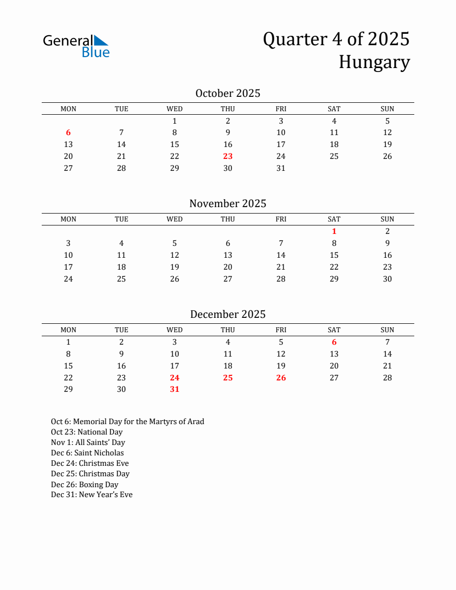 Quarter 4 2025 Hungary Quarterly Calendar