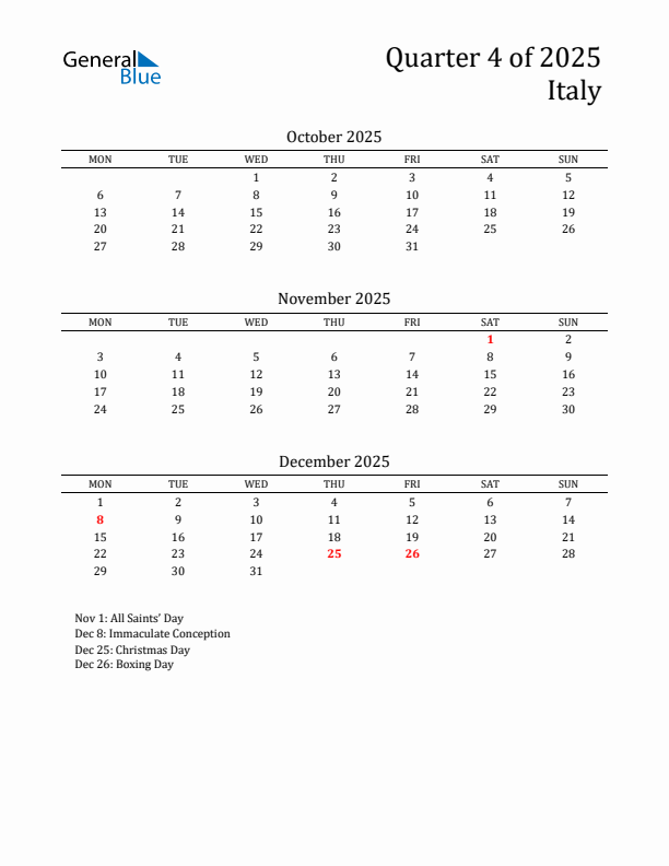 Threemonth calendar for Italy Q4 of 2025